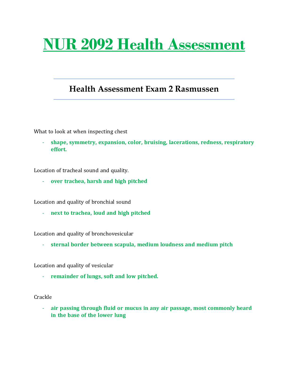 Preview image for NUR2092 / NUR 2092 Exam 2 Updated: Health Assessment - Rasmussen